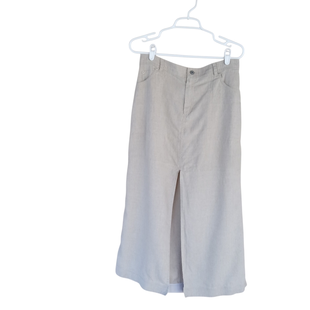 Nicole Miller Tan Front Slit Linen Maxi Skirt Large